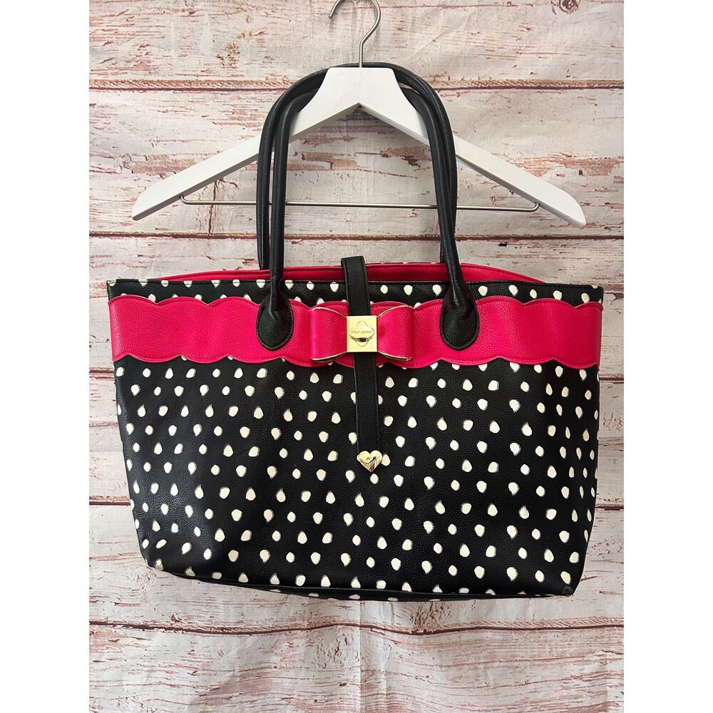 BETSEY JOHNSON Black White Polka Dot Tote Bag Pink Scalloped Trim Bow Large - Picture 12 of 12